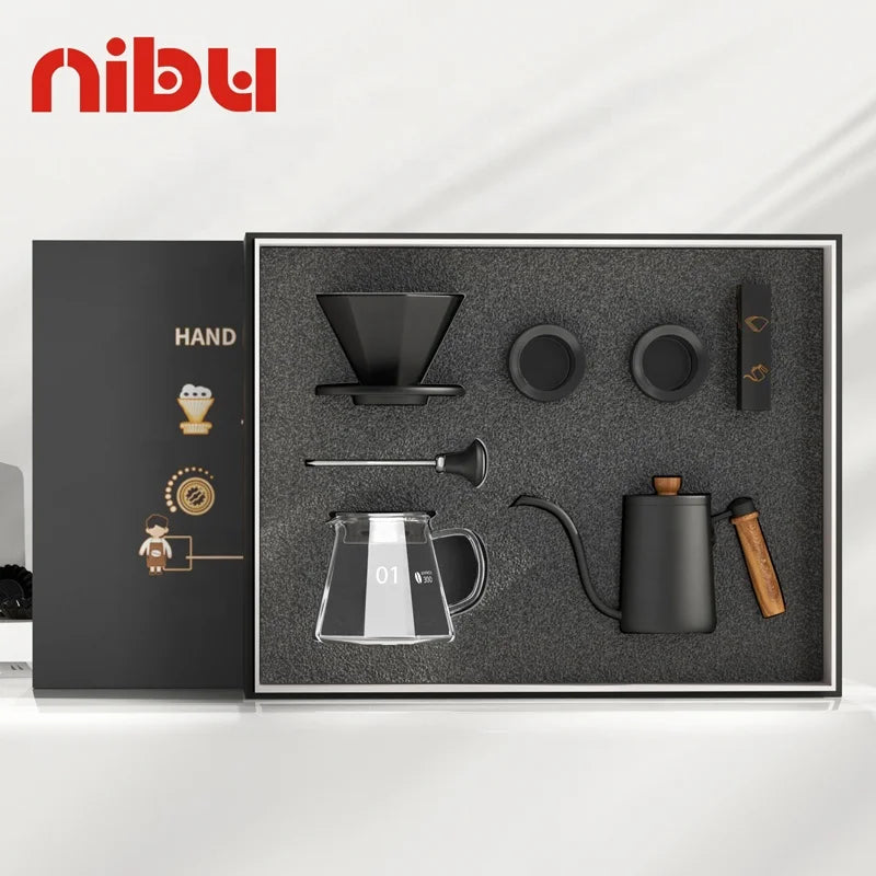 Coffee lovers gift set with stainless steel french press, manual grinder, scoop, infuser, and ceramic mug