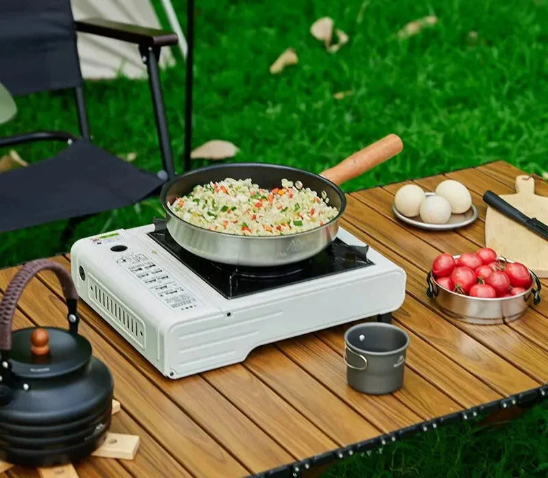 Silver camping non-stick frying pan with detachable sabili wood handle for outdoor cooking — view 5