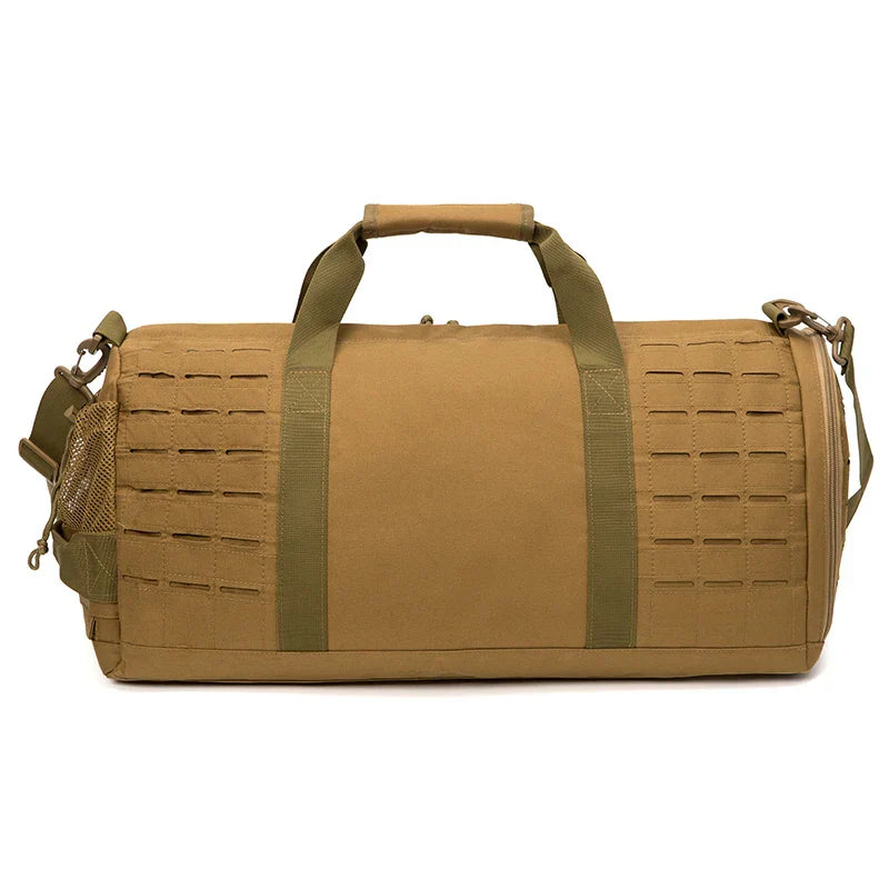 Khaki 40L tactical gym duffle bag with adjustable shoulder strap and durable fabric construction — view 3