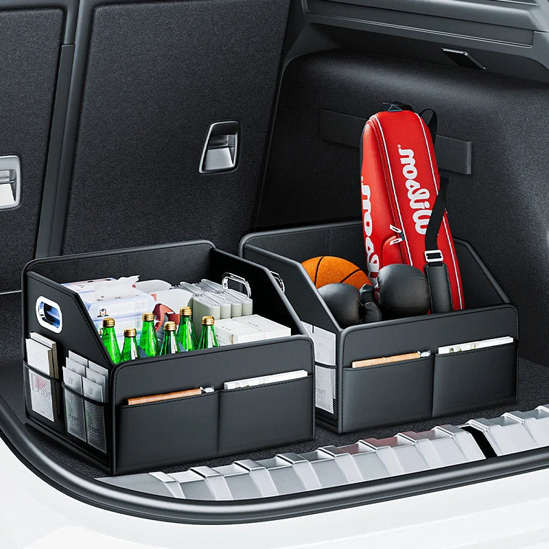 Black PU leather car trunk organizer with aluminum handles and multiple storage compartments — view 3