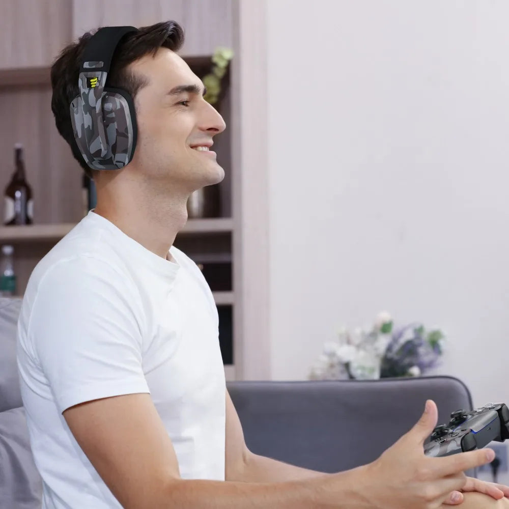 Camouflage wireless gaming headset with built-in microphone and plush breathable fabric over-ear cushions — view 3