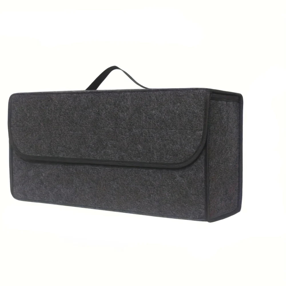 Foldable car trunk organizer in gray soft felt, displaying spacious interior storage compartments