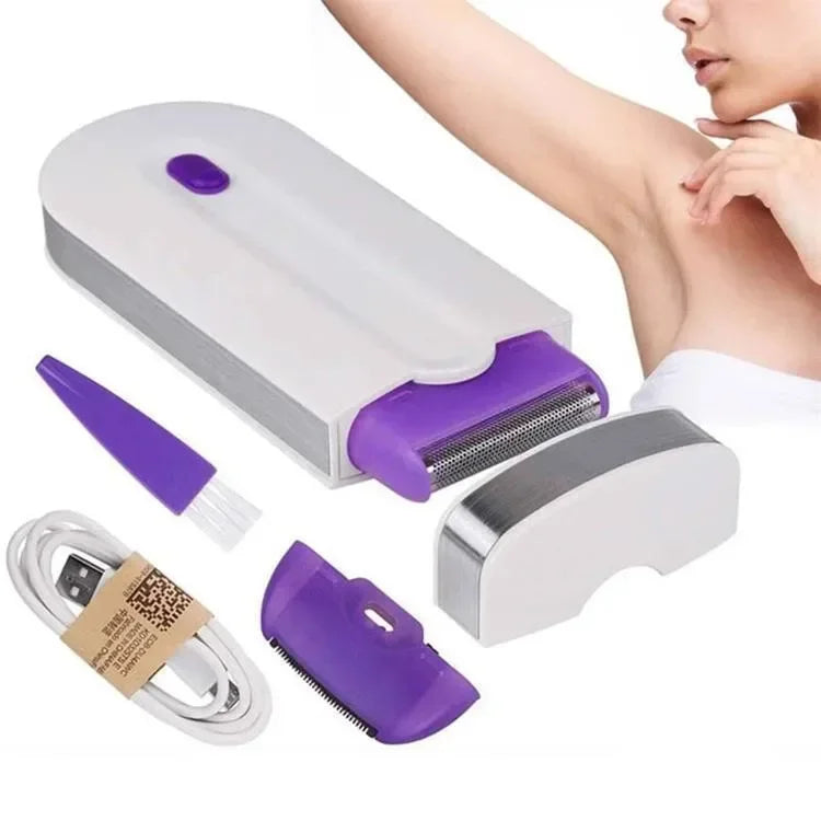 White painless electric shaver and hair removal kit for women, portable beauty grooming tool.