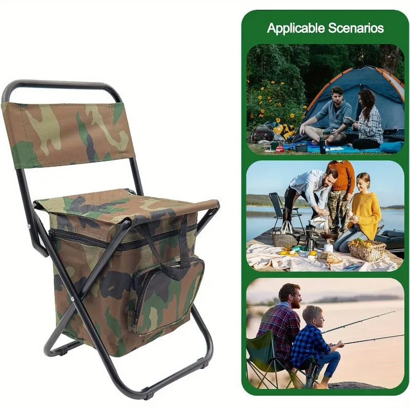 Foldable camping chair in durable fabric with built in zip up cooler bag attached below seat — view 5