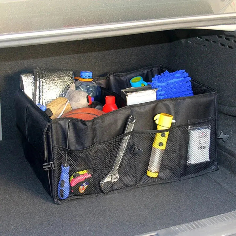 Large-capacity black collapsible car trunk organizer with multiple storage compartments and reinforced carrying handles — view 4