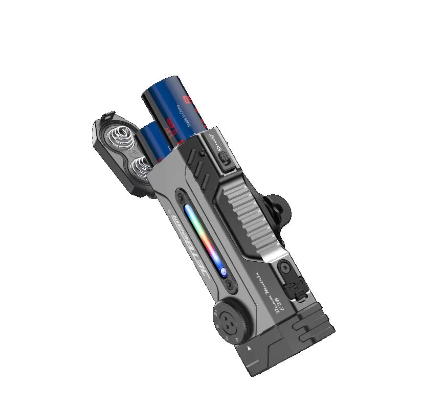 Jetbeam E28 multi-mode flat tactical flashlight in black aluminum with dual switch interface — view 2