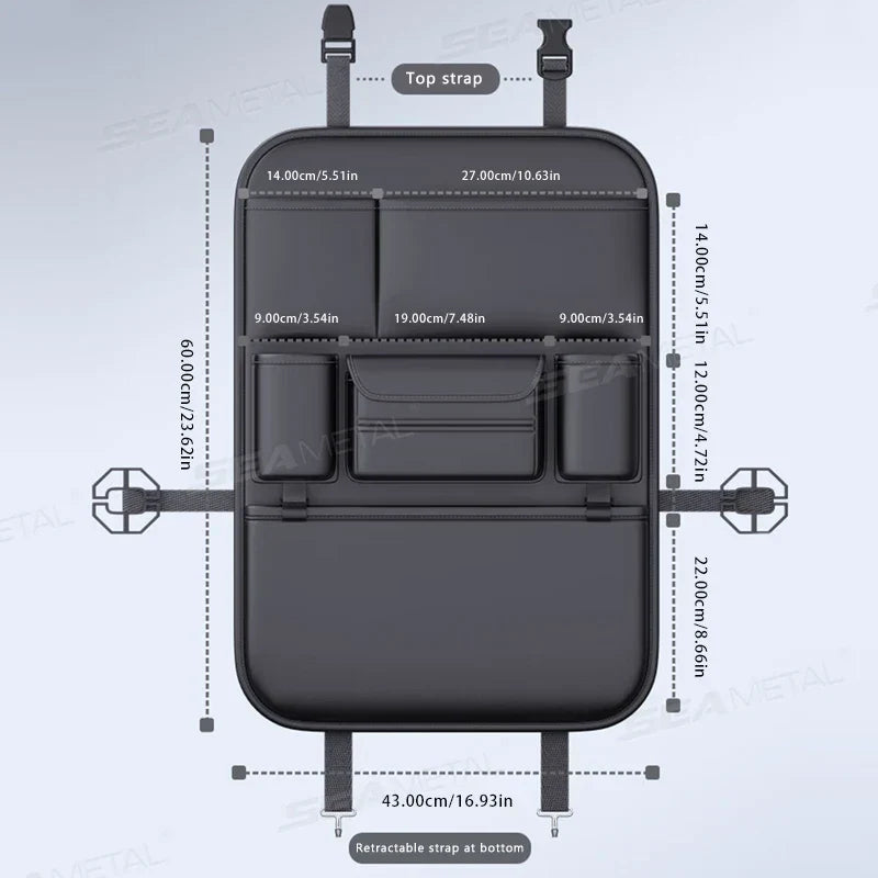 Black PU leather 6-pocket car backseat organizer installed on vehicle seat holding travel essentials — view 2
