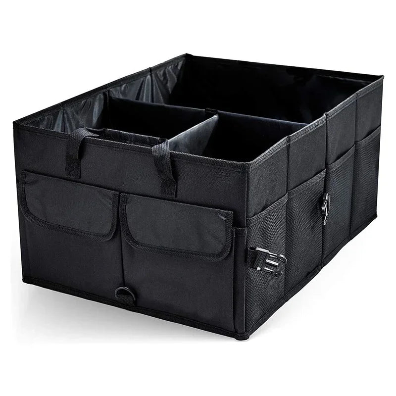 Black large capacity collapsible car trunk organizer made of waterproof Oxford fabric with multiple storage compartments
