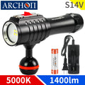 Black ARCHON S14V scuba diving video light with aircraft-grade aluminum body and waterproof lens
