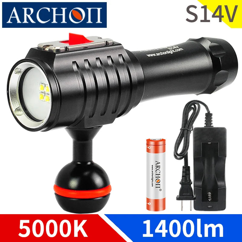 Black ARCHON S14V scuba diving video light with aircraft-grade aluminum body and waterproof lens