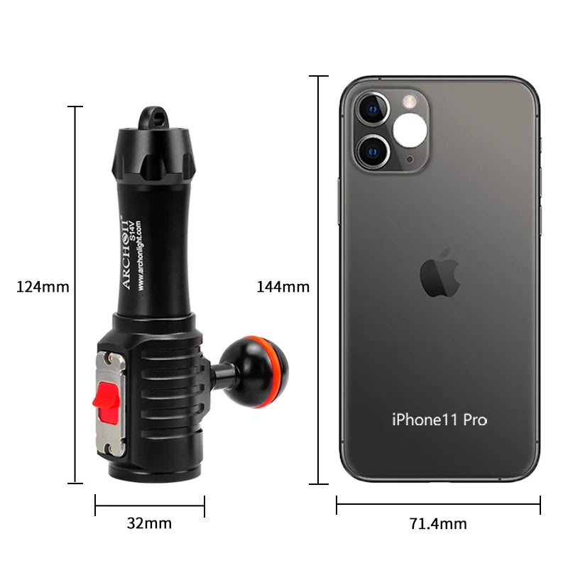 Black ARCHON S14V scuba diving video light with aircraft-grade aluminum body and waterproof lens — view 4