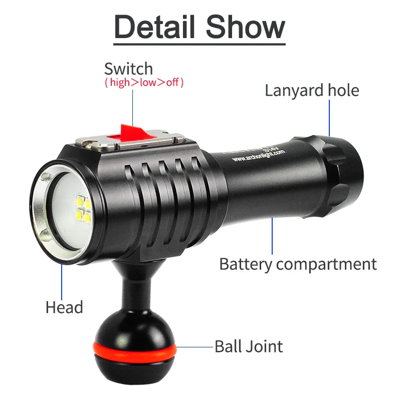 Black ARCHON S14V scuba diving video light with aircraft-grade aluminum body and waterproof lens — view 3