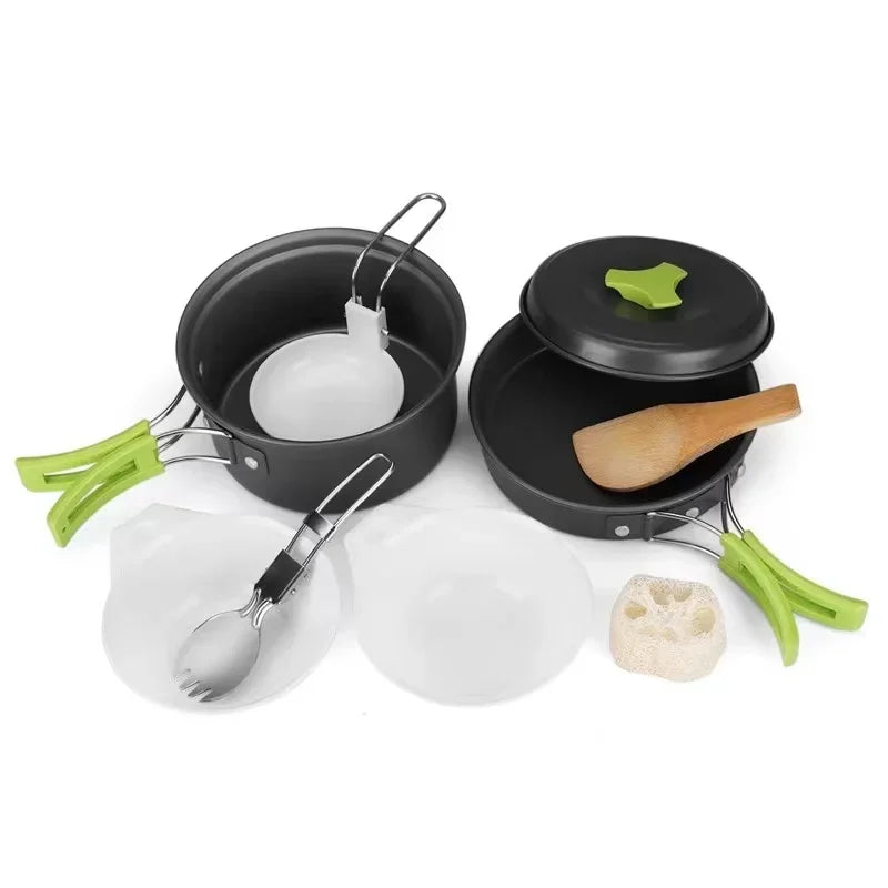 Camping cookware set in anodized aluminum featuring nested pot frying pan and kettle — view 3