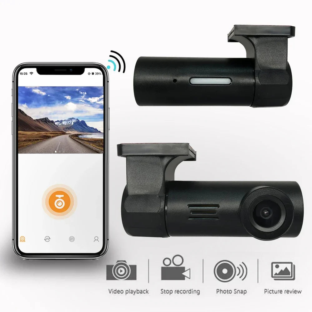 Black 1080P HD smart WiFi dash cam car DVR with wide angle lens — view 2