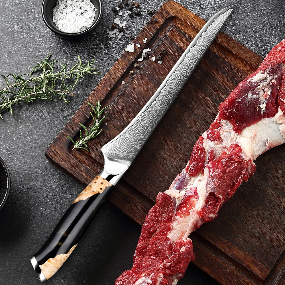 Black 6-inch Damascus steel utility knife with a curved, wave-patterned blade for precision slicing. — view 4