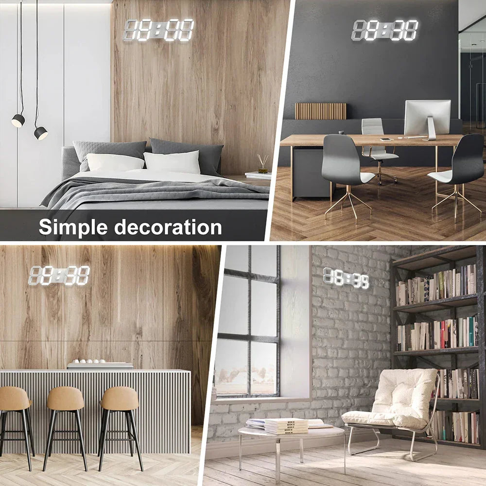 Modern 3D LED wall clock displaying time in bright digital numbers with remote control — view 5