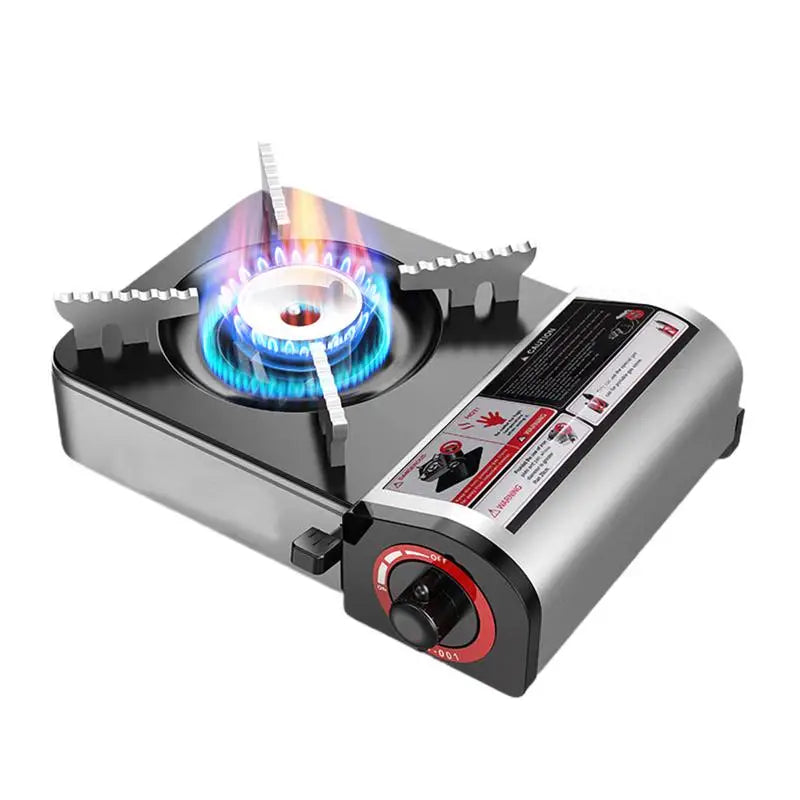 Grey portable butane camping stove with electronic ignition and aluminum burner for outdoor cooking.