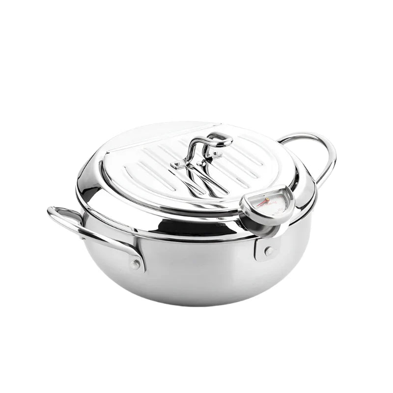 Silver 24cm stainless steel deep frying pot with built in thermometer and secure splash guard lid