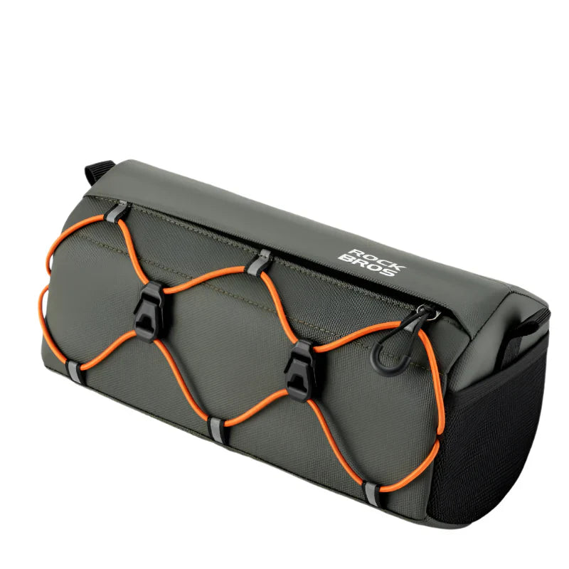 Waterproof bicycle handlebar bag in army green, 2.2L capacity, featuring secure straps and rigid structure.