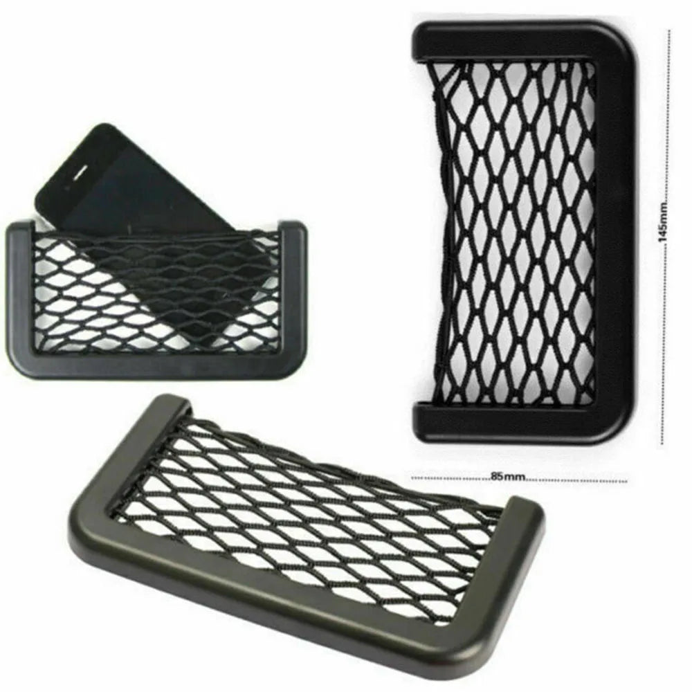 Universal car seat organizer mesh net pocket set in black with three adhesive pieces — view 3