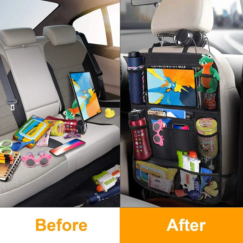 Black car backseat organizer with touch screen tablet holder, mesh pockets, and storage compartments. — view 2