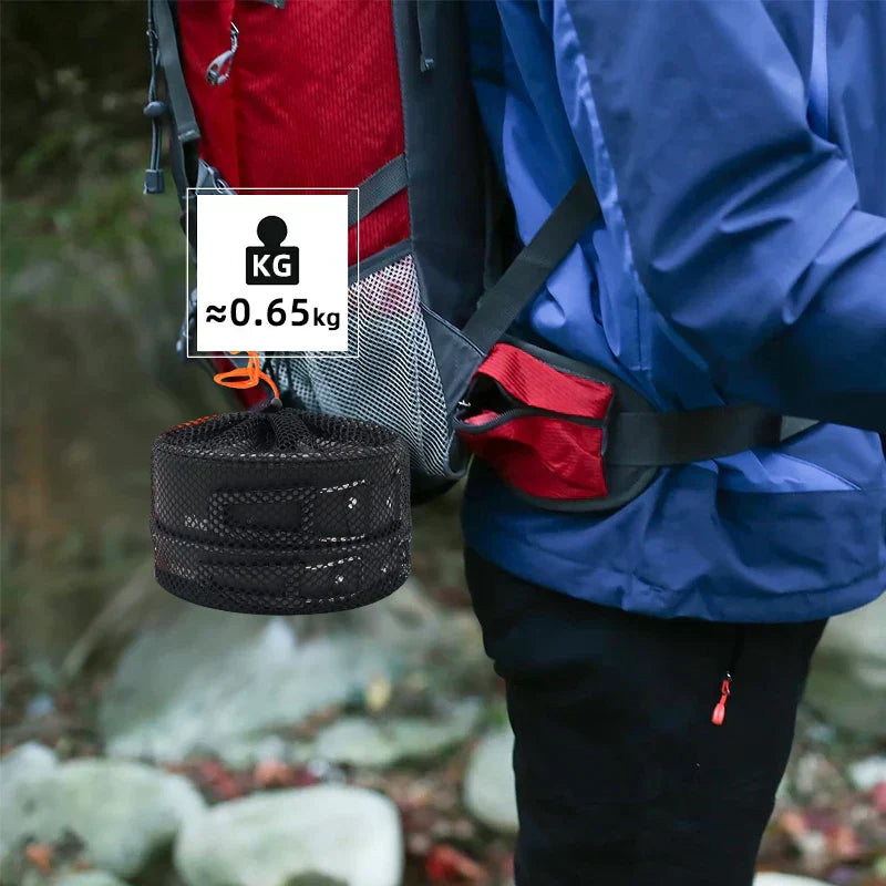 Portable metal camping cookware set with nesting pots, pans, water kettle, and tableware. — view 5