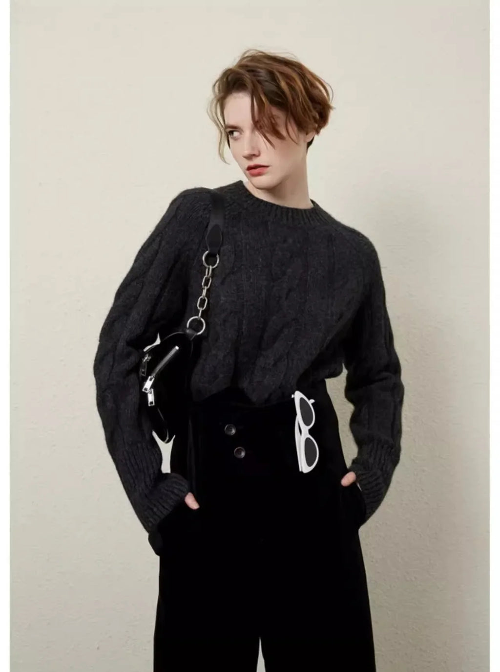 Womens thick pure cashmere crewneck sweater with twist knit texture and loose fit — view 4