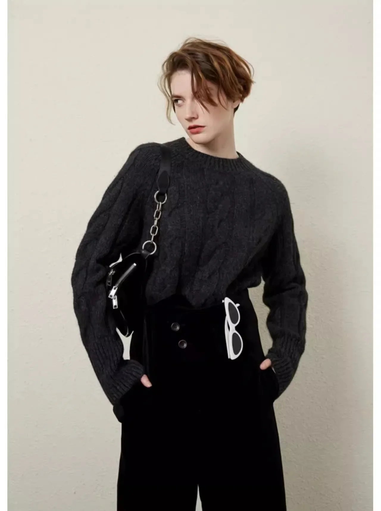 Womens thick pure cashmere crewneck sweater with twist knit texture and loose fit — view 4