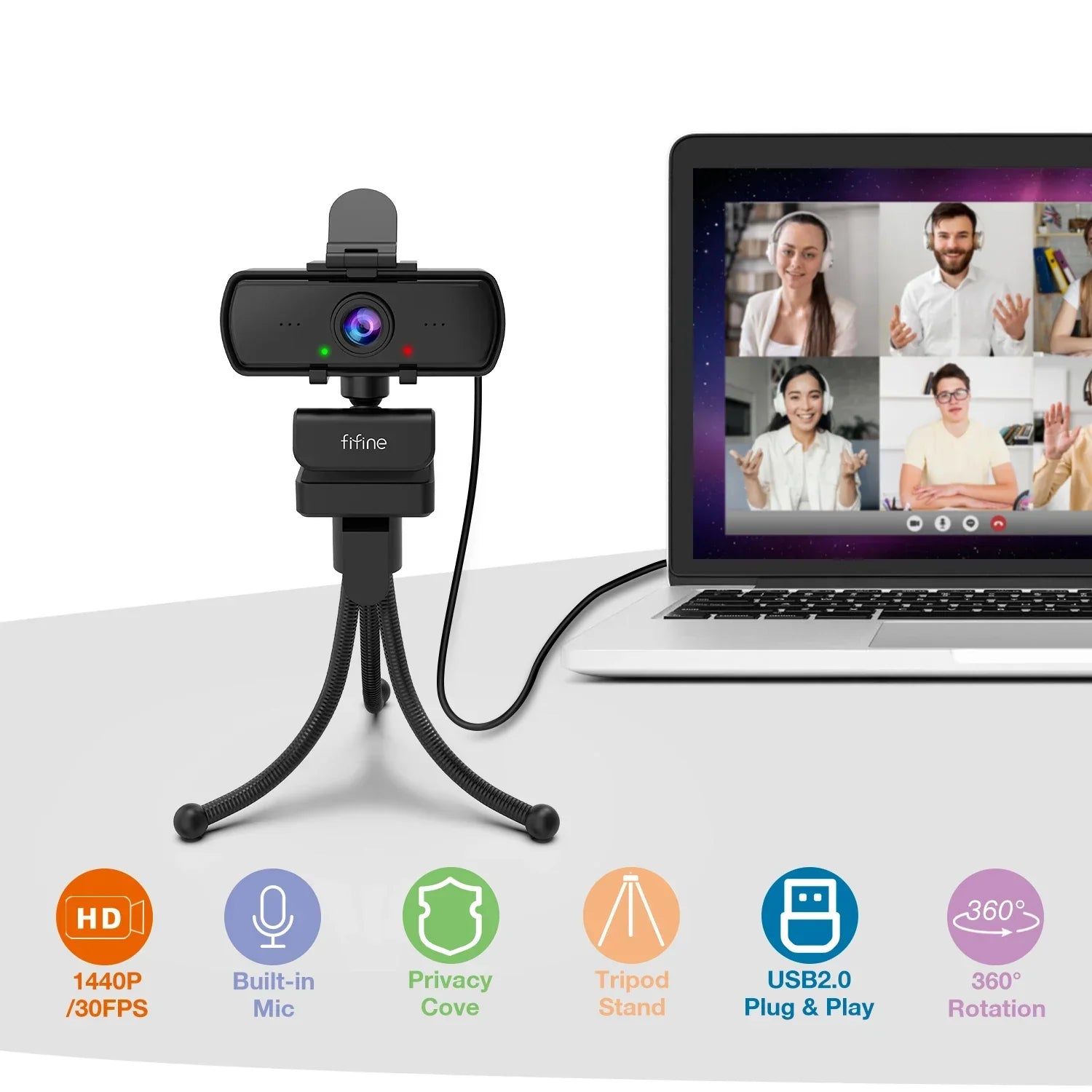 Black 1440p Full HD USB webcam attached to a small adjustable desktop tripod with cable — view 4