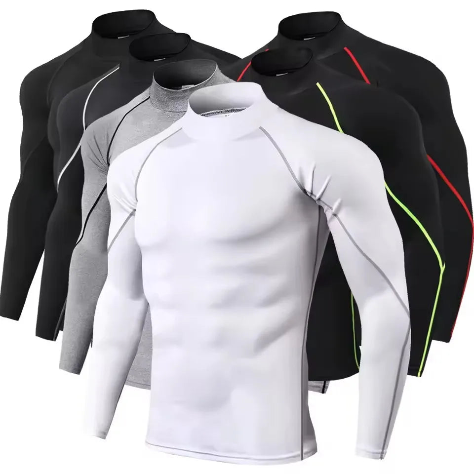 Men's long sleeve compression shirt in solid color, athletic activewear base layer for gym workouts