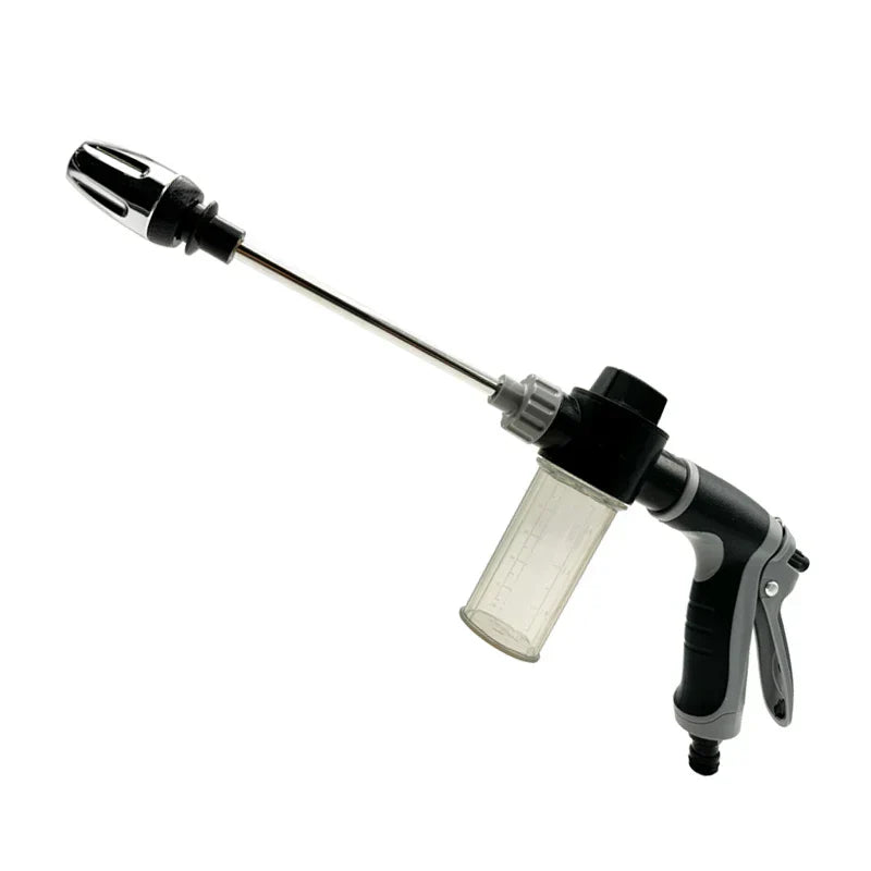Silver high-pressure spray water gun nozzle with ergonomic handle for car washing and garden irrigation