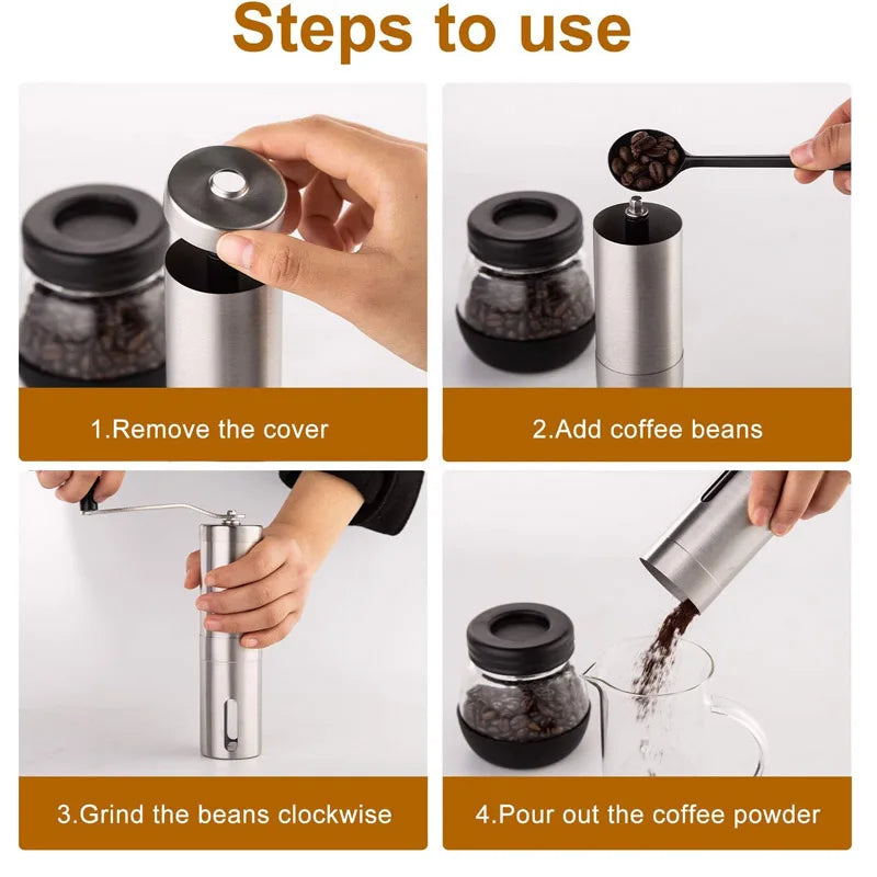 Silver stainless steel manual coffee grinder with hand crank and ceramic burr mechanism — view 4