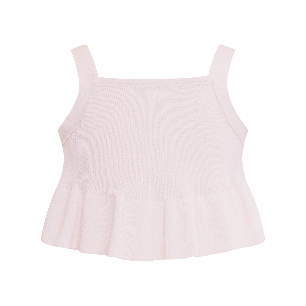 Pink crop top for girls in organic cotton knit with playful ruffled hem — view 3