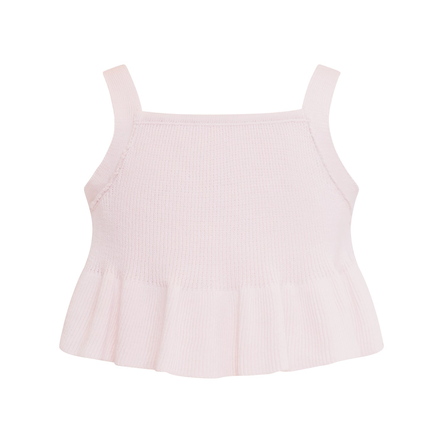 Pink crop top for girls in organic cotton knit with playful ruffled hem — view 3
