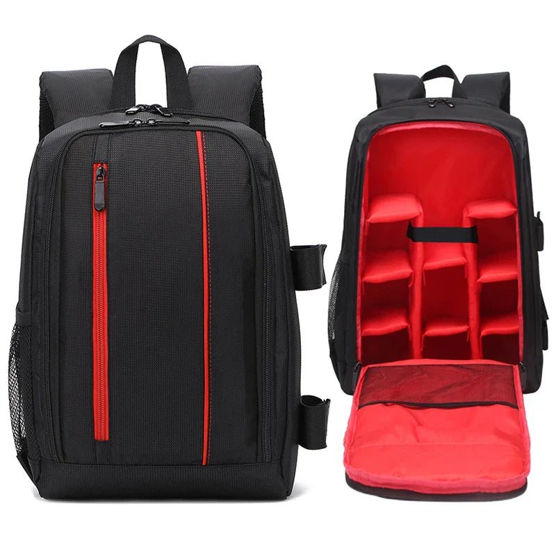 Red waterproof camera backpack in durable nylon with padded compartments for DSLR lenses and tripod