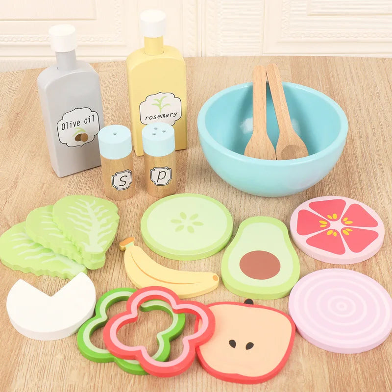 Pastel wooden pretend play food set with miniature colorful culinary pieces for children — view 2