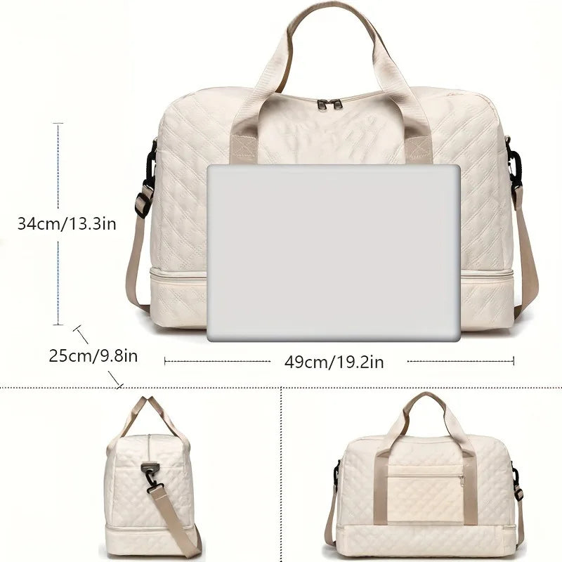 Large beige nylon travel duffel bag with handles and zipper closures for weekend trips — view 4