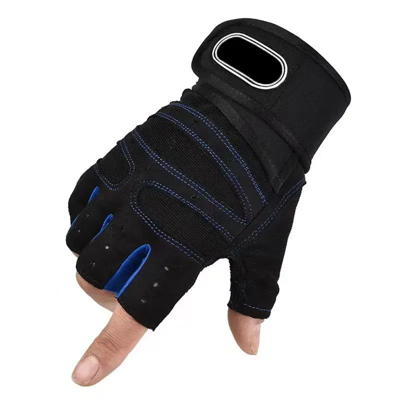 Unisex gym gloves with adjustable wrist support straps and breathable black fabric for heavy weightlifting