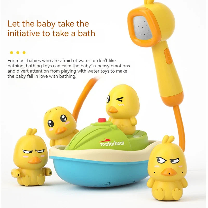 Motorized splashing ducks bath toy set with plastic boat and yellow duckling figures — view 2