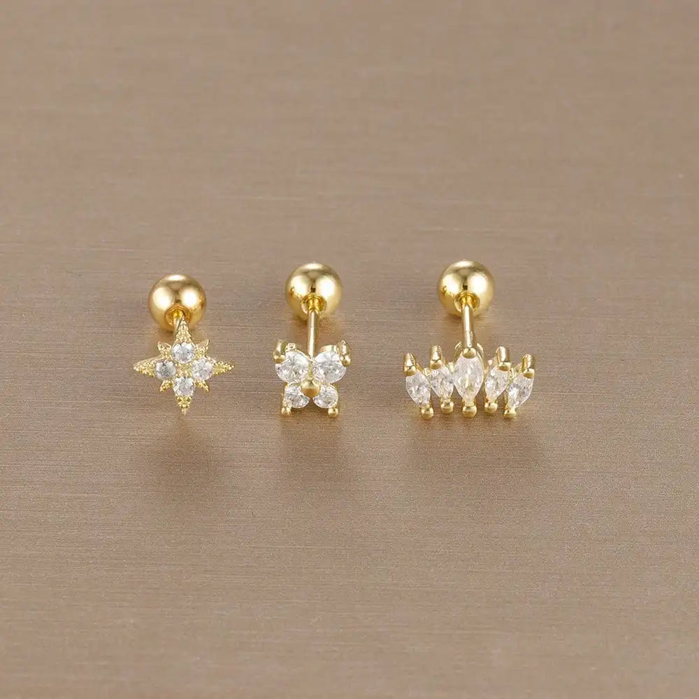 3-piece crown stud earring set in gold-plated stainless steel with sparkling zircon crystal accents — view 5