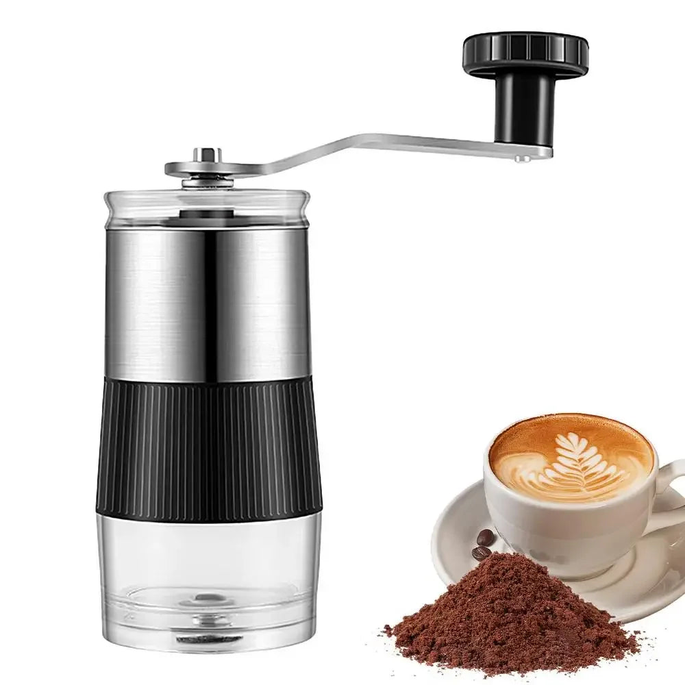 Black manual coffee grinder with hand crank, adjustable ceramic burr, and silicone base