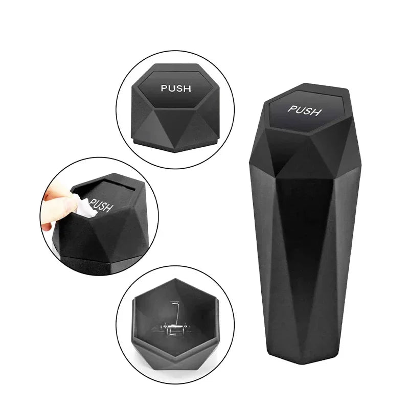 Portable mini car trash can in black with secure lid inside vehicle cup holder — view 2