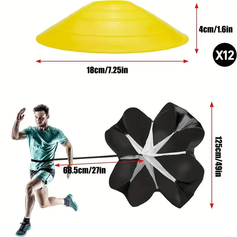 Black professional soccer training speed parachute with adjustable waist belt and compact carrying pouch — view 5