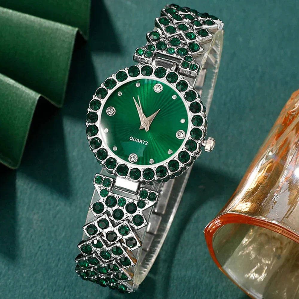 Womens luxury green watch and matching jewelry set with heart necklace ring and earrings — view 4