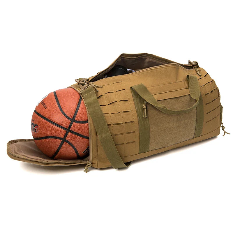 Khaki 40L tactical gym duffle bag with adjustable shoulder strap and durable fabric construction — view 5