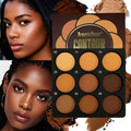 9-color dark bronze foundation and contouring makeup palette with matte and delicate glitter shades
