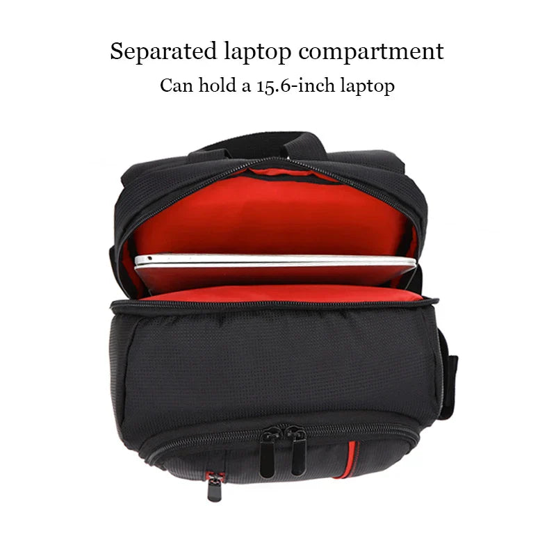 Red waterproof camera backpack in durable nylon with padded compartments for DSLR lenses and tripod — view 4