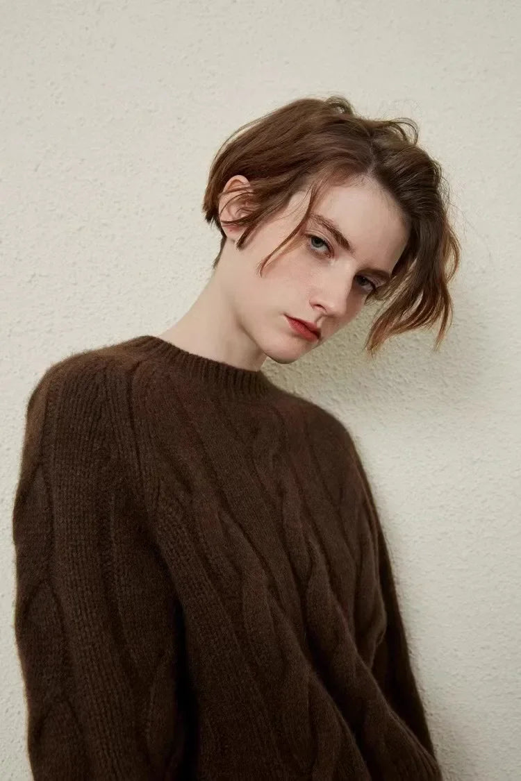 Womens thick pure cashmere crewneck sweater with twist knit texture and loose fit — view 5