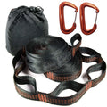 Adjustable black polyester hammock hanging belts with loops and two aluminum carabiners.