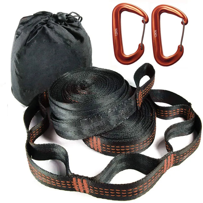 Adjustable black polyester hammock hanging belts with loops and two aluminum carabiners.